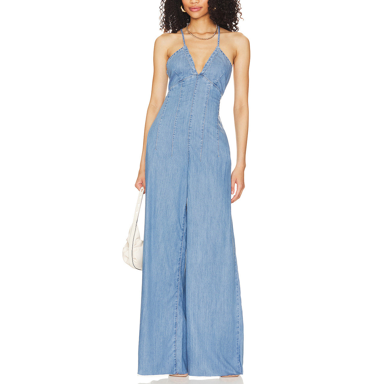 SUMMER FASHIONABLE SLEEVELESS SLIP ONE PIECE WIDE LEGS BLUE DENIM JUMPSUITS FOR WOMEN